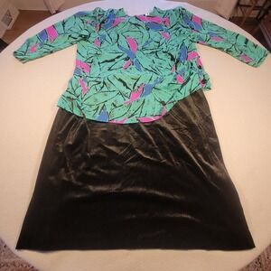 Vintage 80s MCS Ltd Dress Abstract Print Velvet Skirt Womens L Black‎ Teal Retro